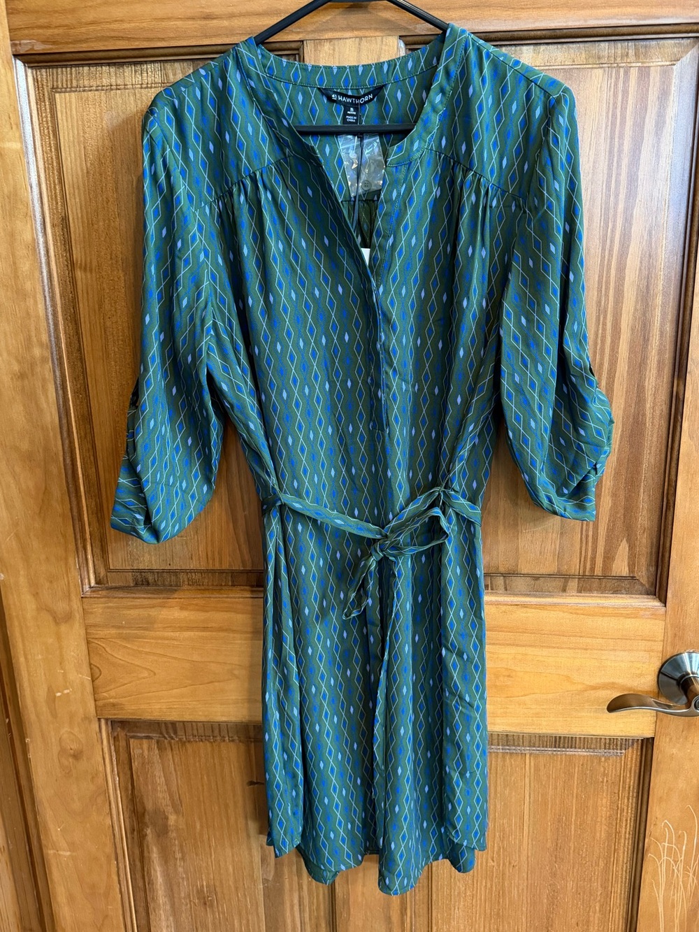 Hawthorn Teal and Blue Geometric Tie-Waist Midi Dress
